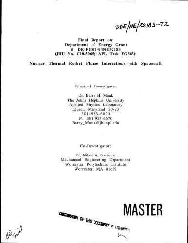 Nuclear thermal rocket plume interactions with spacecraft. Final report