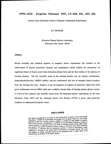 Results from deuterium-tritium tokamak confinement experiments