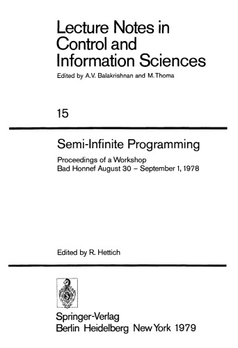 Semi-Infinite Programming: Proceedings of a Workshop Bad Honnef August 30 – September 1, 1978