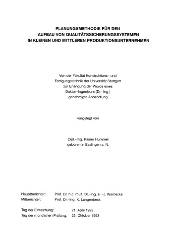 Planungsmethodik für den Aufbau von Qualitätssicherungssystemen in Kleinen und Mittleren Produktionsunternehmen