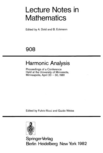 Harmonic Analysis: Proceedings of a Conference Held at the University of Minnesota, Minneapolis, April 20–30, 1981