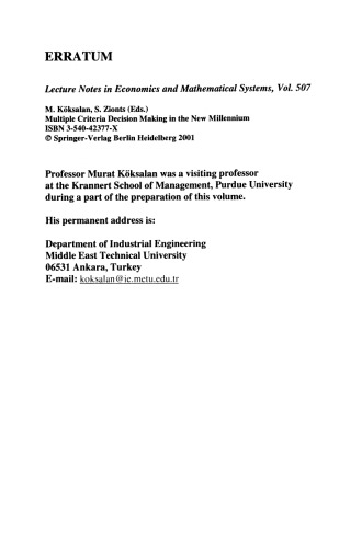 Multiple Criteria Decision Making in the New Millennium: Proceedings of the Fifteenth International Conference on Multiple Criteria Decision Making (MCDM) Ankara, Turkey, July 10–14, 2000