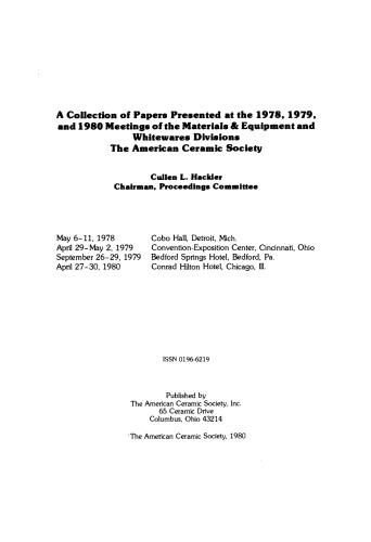 A Collection of Papers Presented at the 1978, 1979, and 1980 Meetings of the Materials & Equipment/Whitewares: Ceramic Engineering and Science Proceedings, Volume 1, Issue 9/10